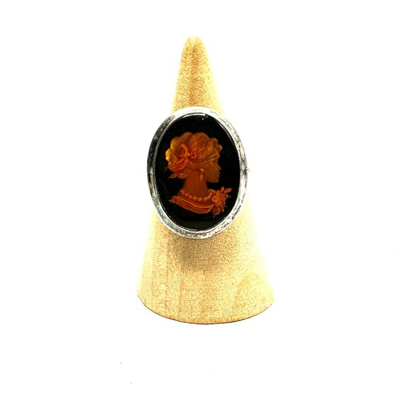 1940-60s Sterling Silver Carved Amber Intaglio Cameo Ring—MCM Statement Piece - Picture 8 of 12